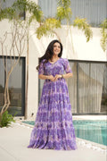 Flared printed gown for women in faux georgette