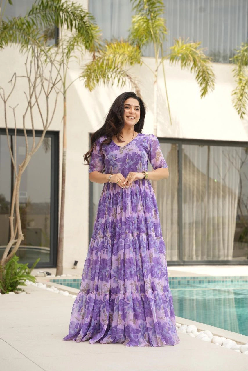 Flared printed gown for women in faux georgette