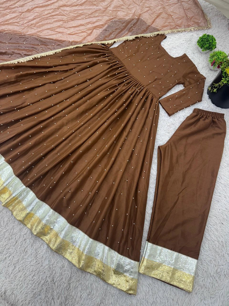 Faux georgette gown with dupatta