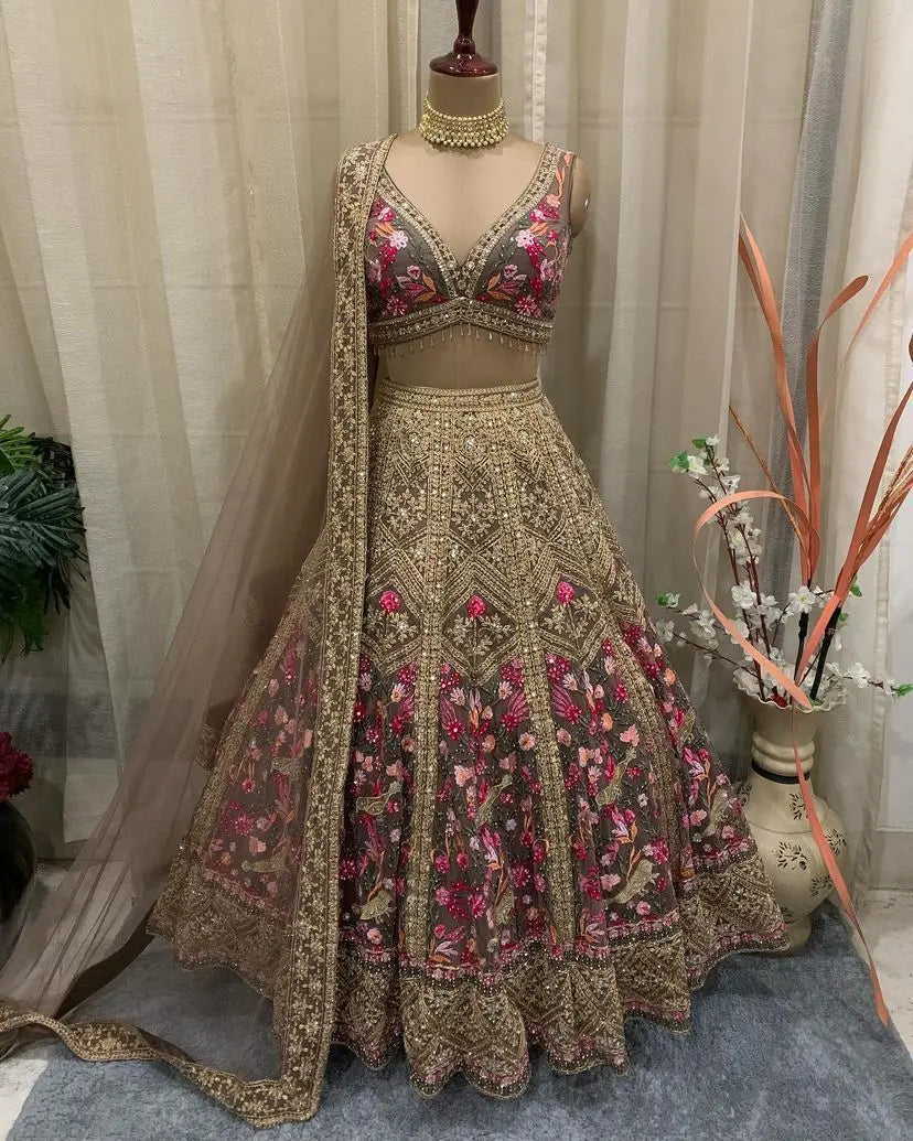 Embroidered faux georgette lehenga with sequins