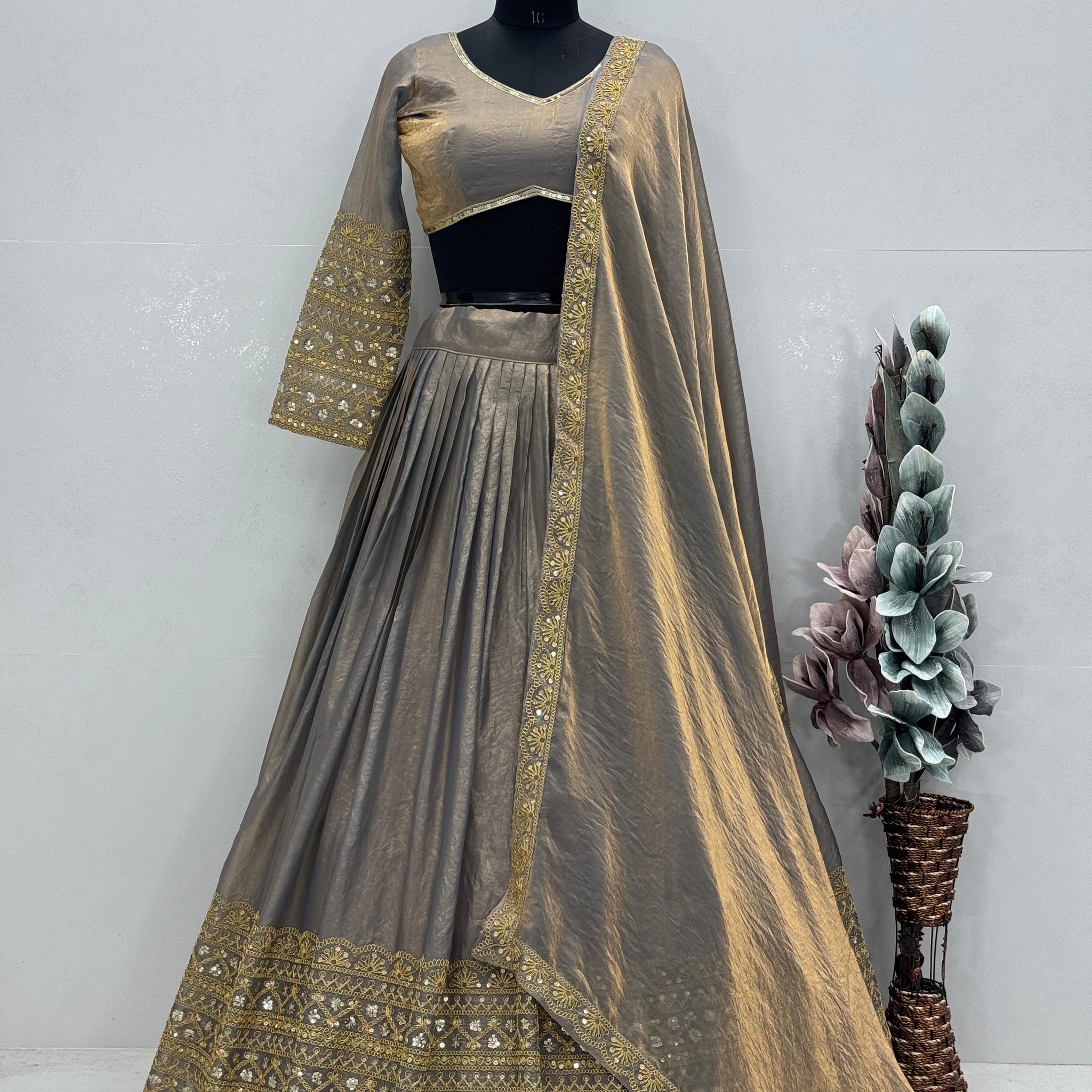 Heavy embroidery coding work on lehenga