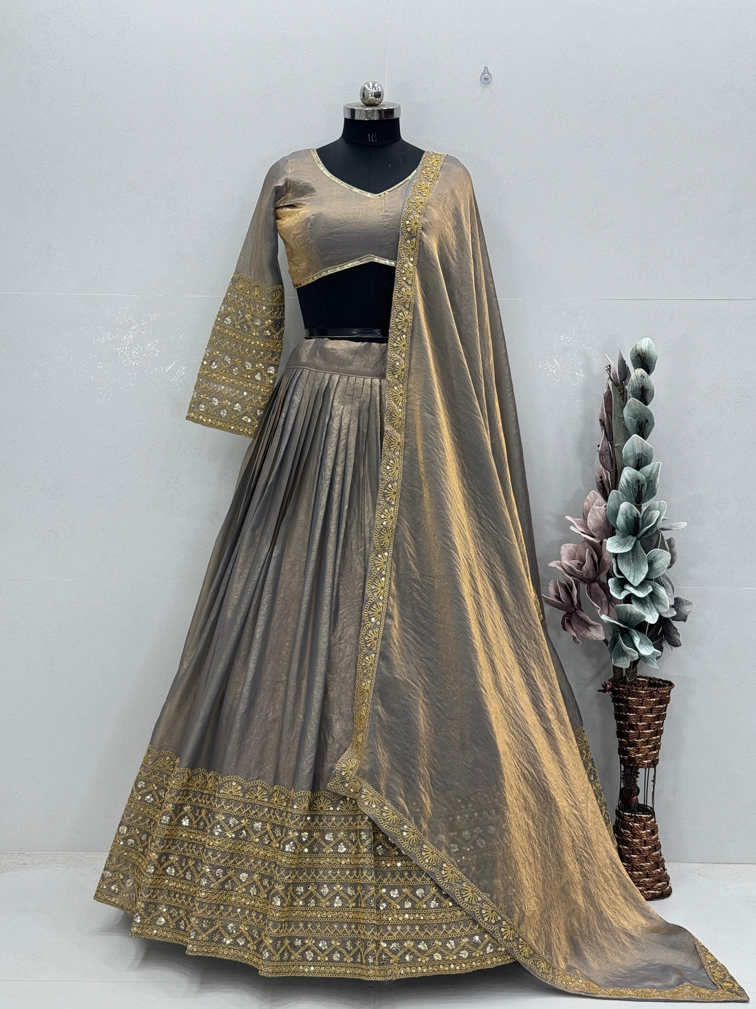 Heavy embroidery coding work on lehenga
