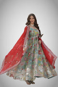 Back view of gown with foil zari work