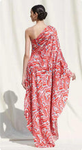 Abstract Printed One Shoulder Extended Sleeves Silk Satin Kaftan Maxi Dress - NextBuy