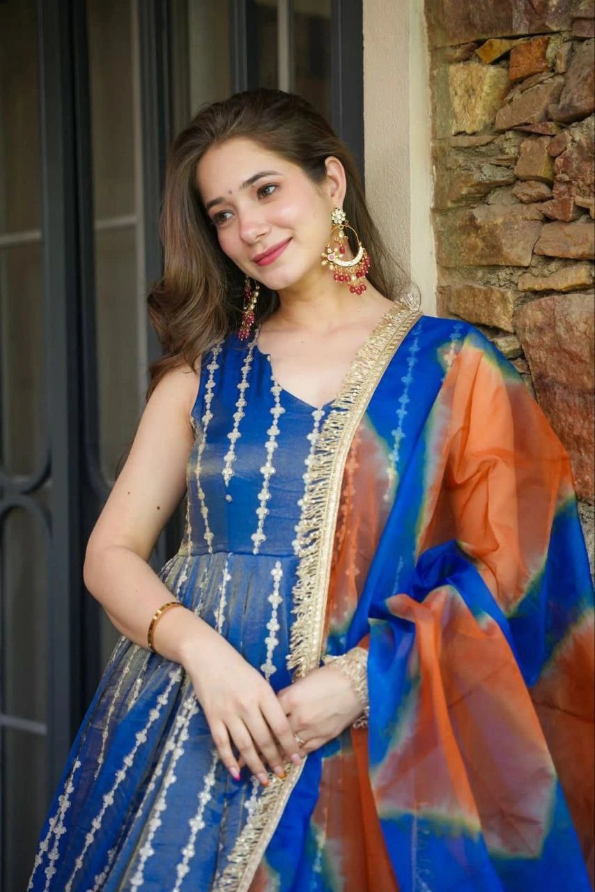 Elegant floral organza silk Anarkali gown with dupatta