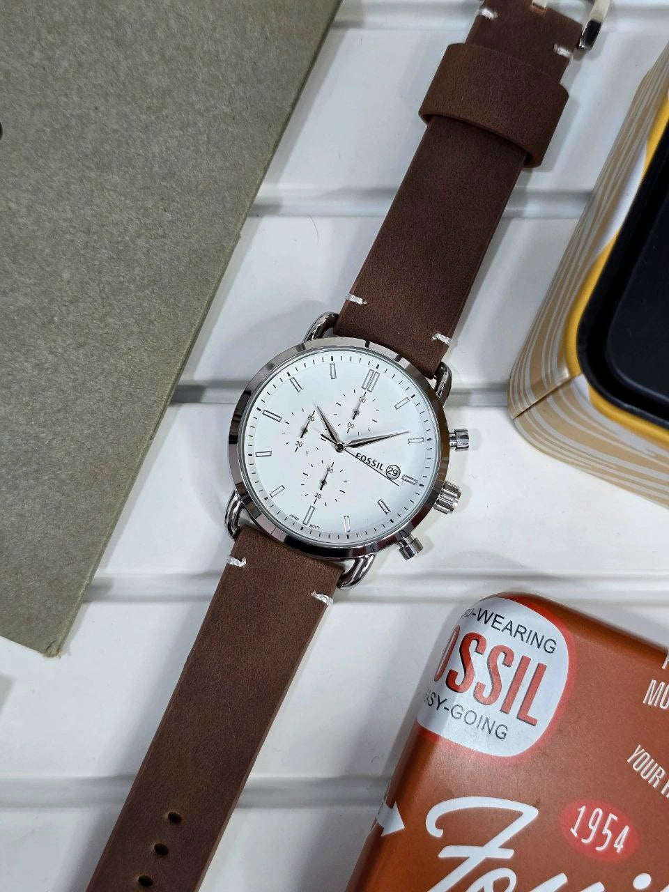 Silver dial Fossil Commuter watch front view