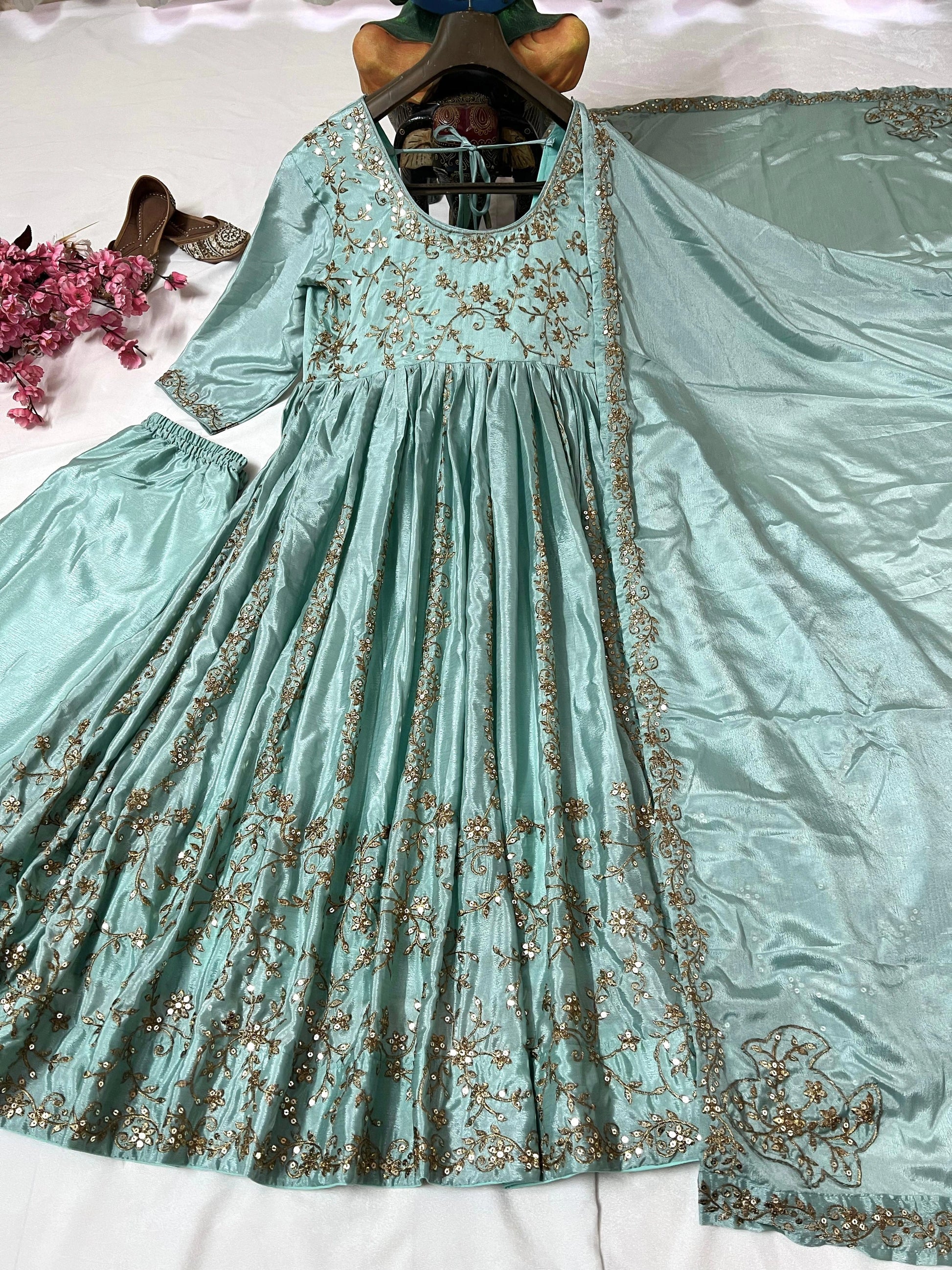Full view of Anarkali gown set with pant and dupatta