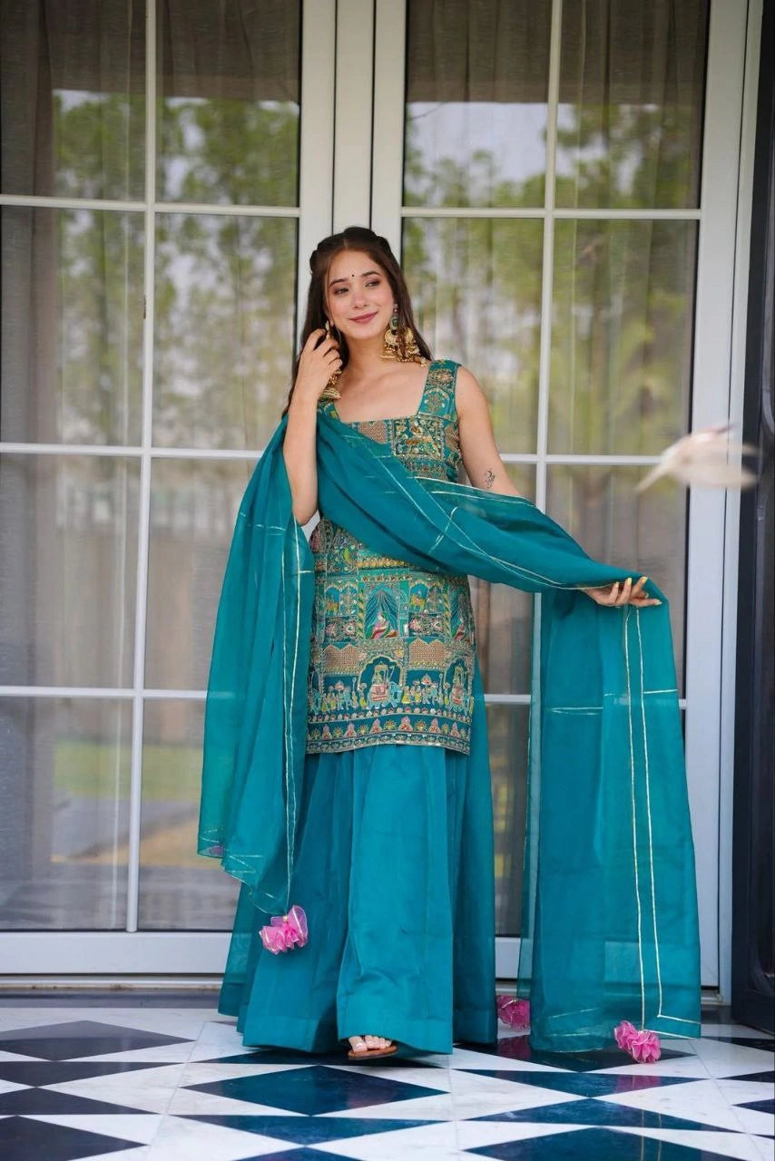 ethnic organza kurta with gota dupatta
