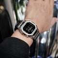 G-Shock metal body digital watch with black strap close-up