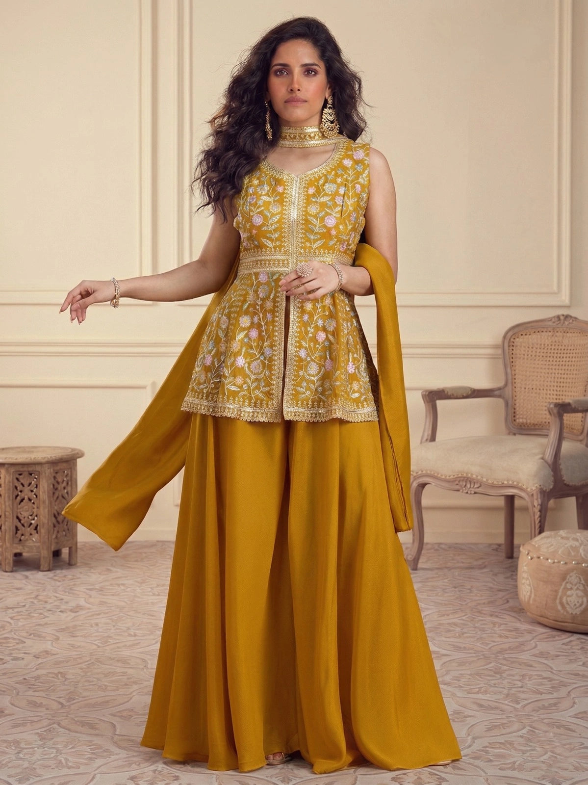 georgette peplum palazzo set embroidery