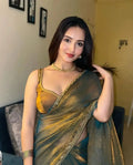  Golden saree with rich chiffon fabric, beads handwork, and elegant border design
