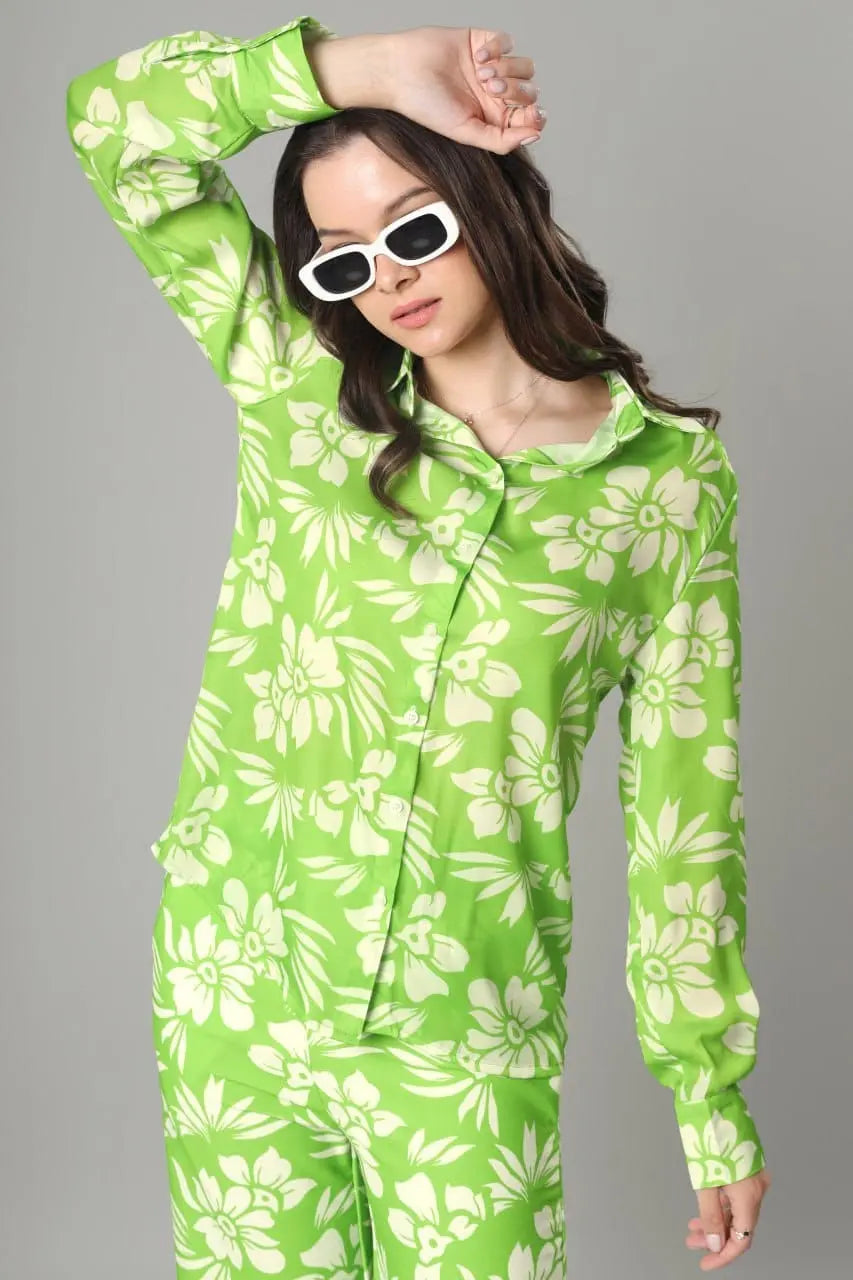 Green printed co-ord set for women