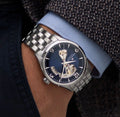 Hamilton automatic skeleton watch for men silver case blue dial