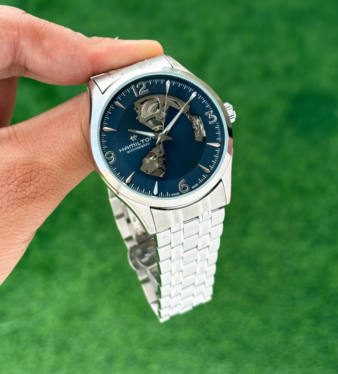 Men’s Hamilton skeleton dial automatic watch wrist view