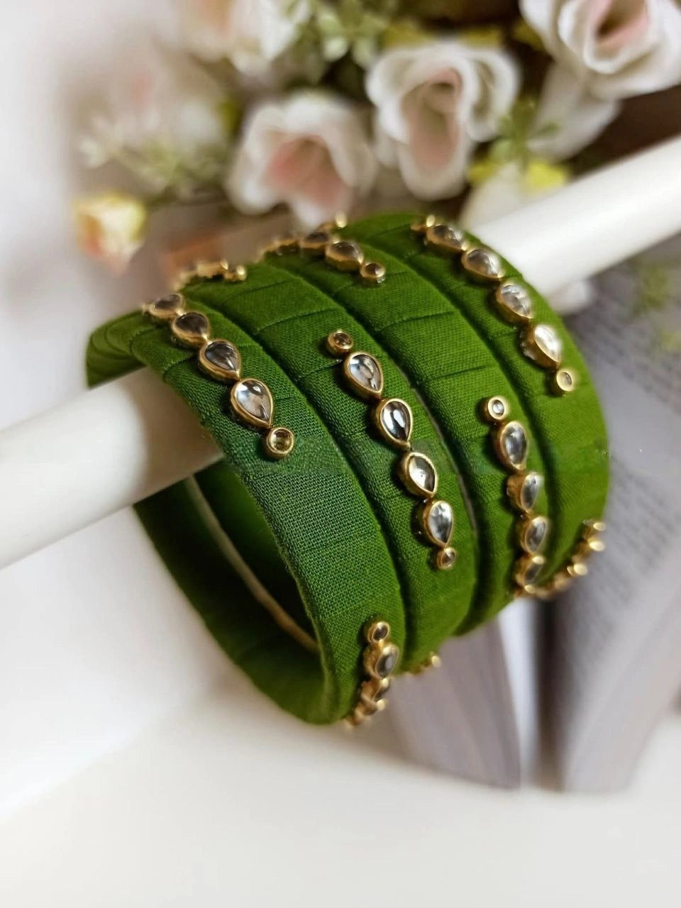 Handcrafted green fabric bangle set with kundan stone embellishments from Berhampore, Murshidabad