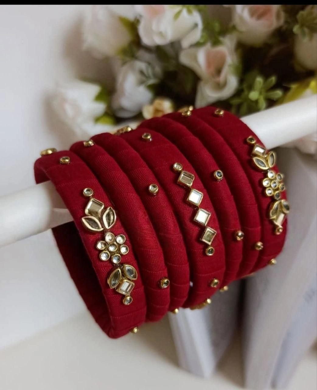 Handcrafted red fabric bangle set with kundan and stone embellishments from Berhampore, Murshidabad