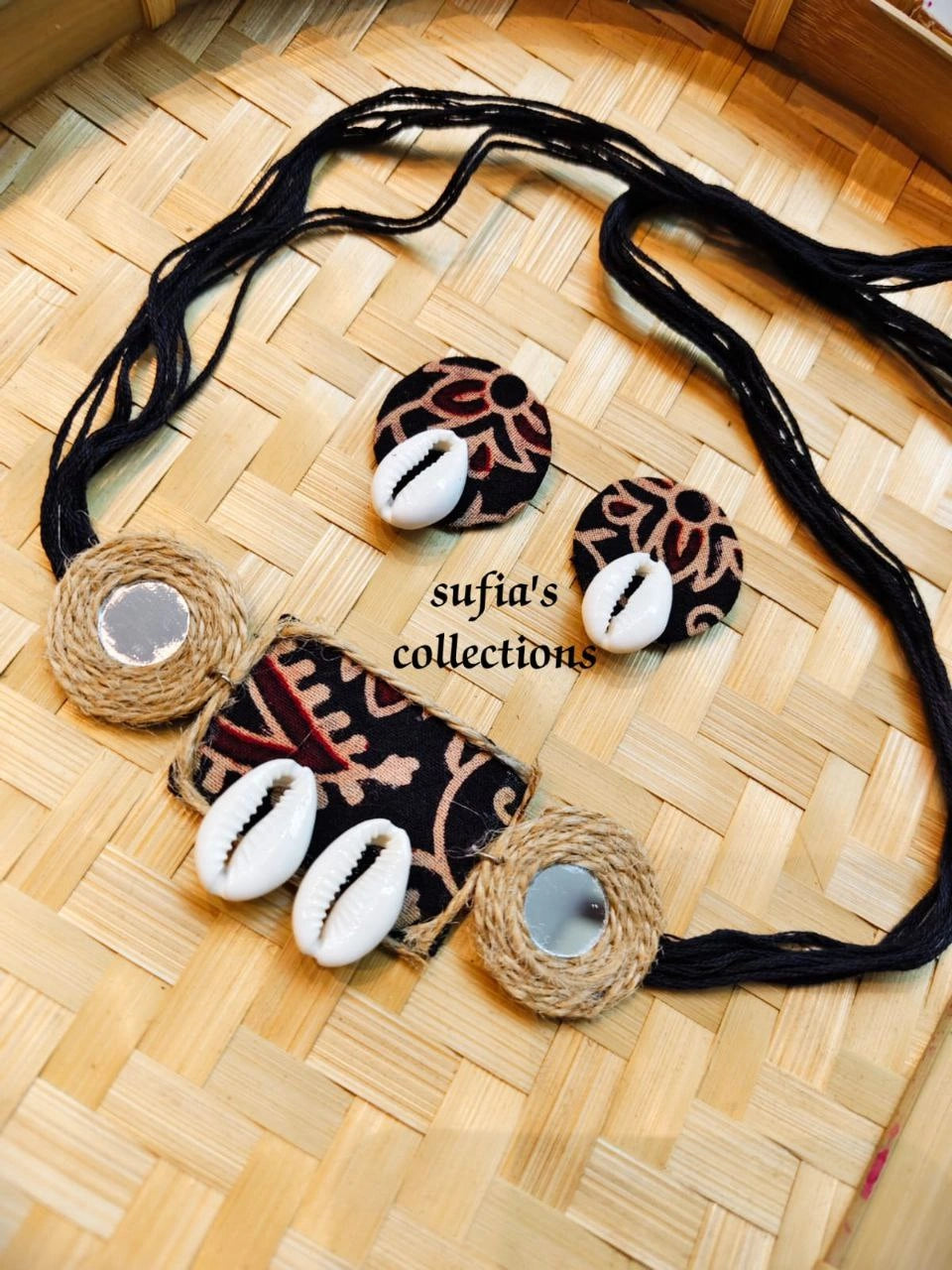 Handmade cowrie shell necklace and earrings set with jute and fabric – tribal jewellery from India