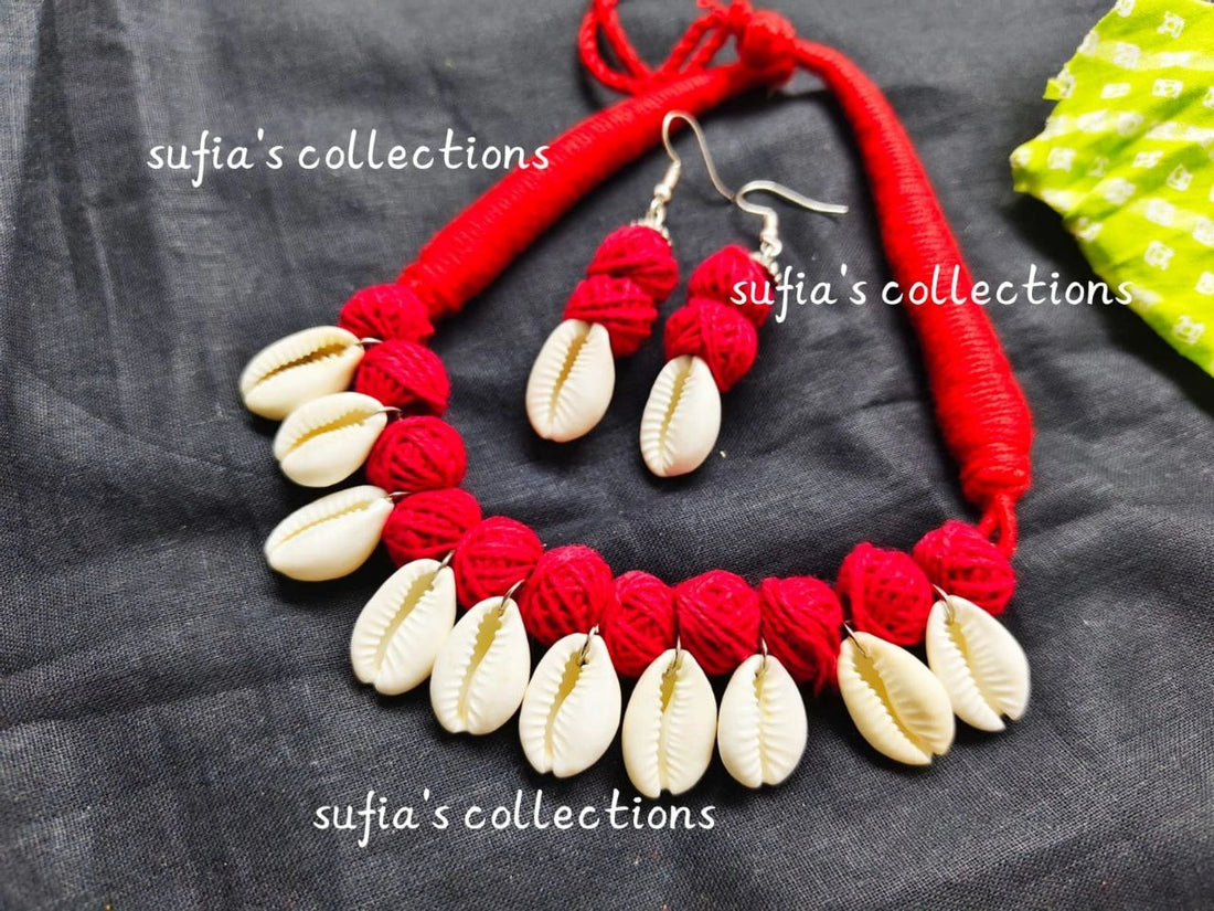 Handmade cowrie shell necklace set with red thread and earrings – tribal jewellery Berhampore Murshidabad India