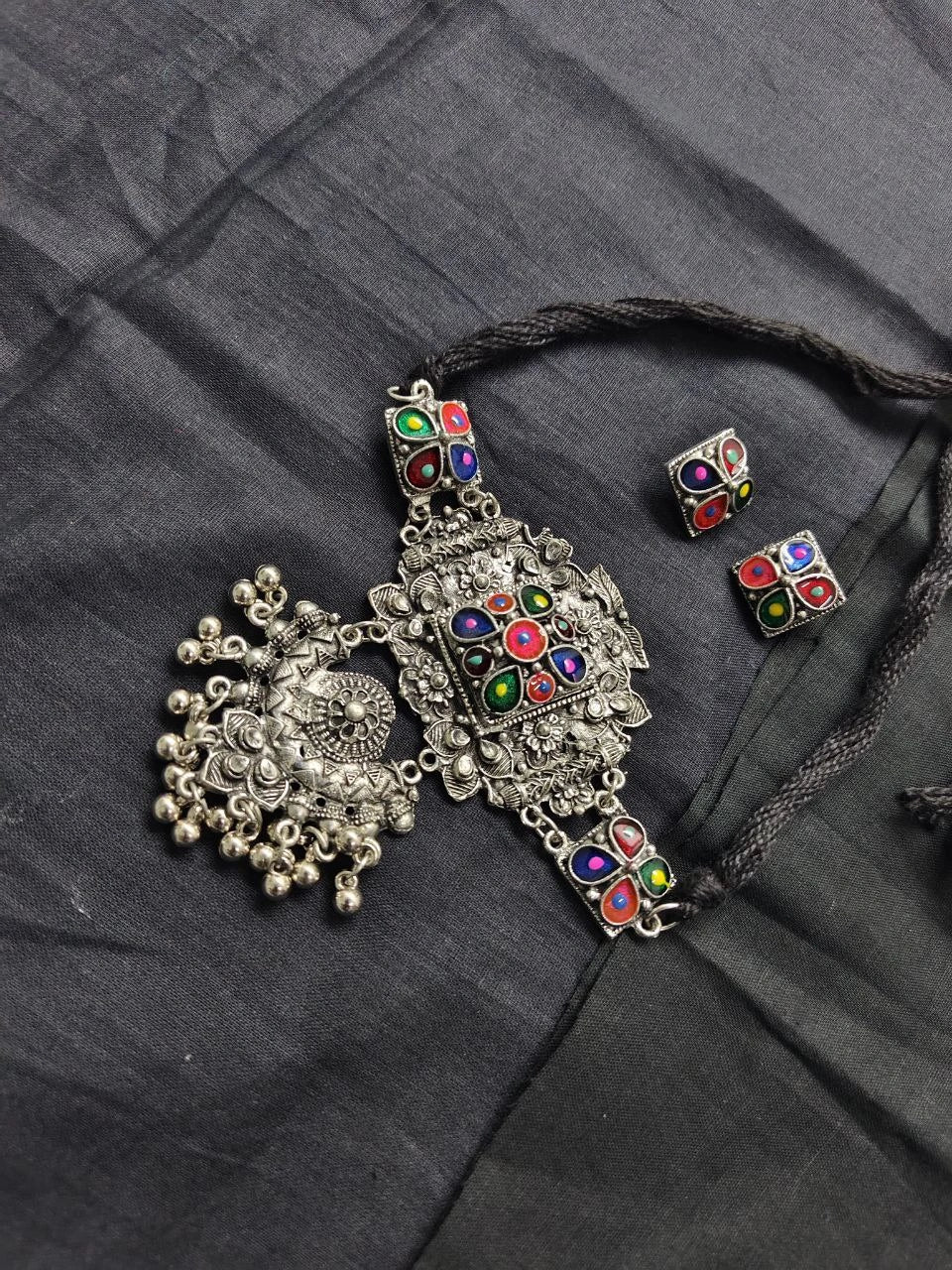 Handmade oxidized necklace set with multicolor stones – Murshidabad jewellery by Sufia Kamal Biswas