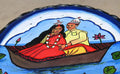 Handpainted terracotta wall plate with Bengali couple boat scene – traditional folk art décor handmade in India