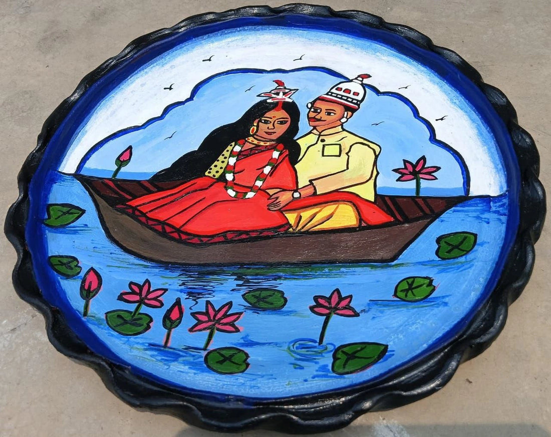 Handpainted terracotta wall plate with Bengali couple boat scene – traditional folk art décor handmade