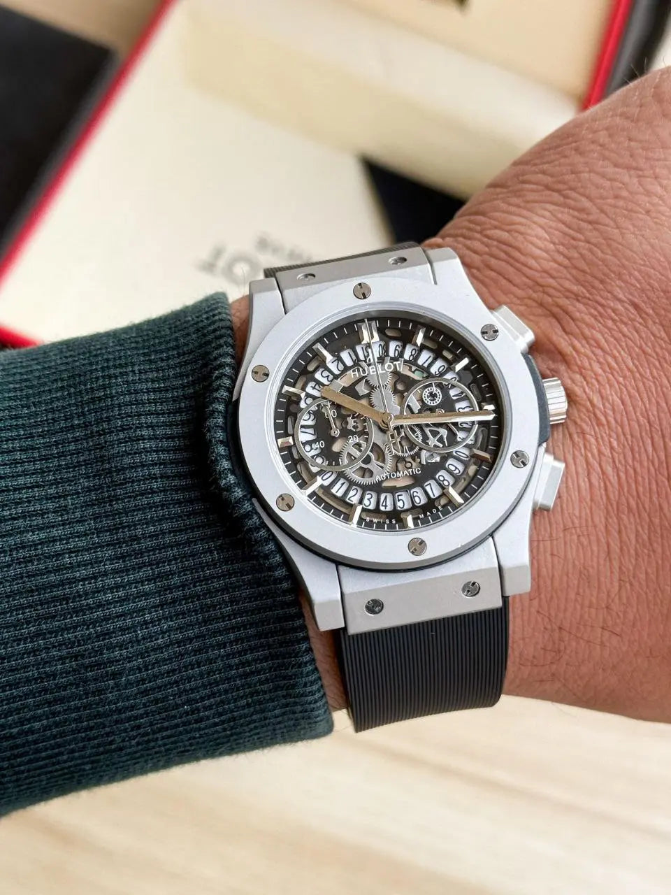 Hublot Big Bang watch with skeleton dial and chronograph