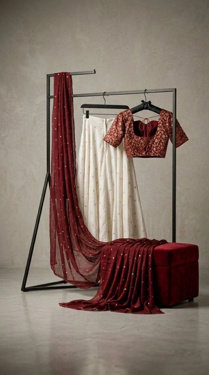 Wedding guest cream lehenga with maroon dupatta