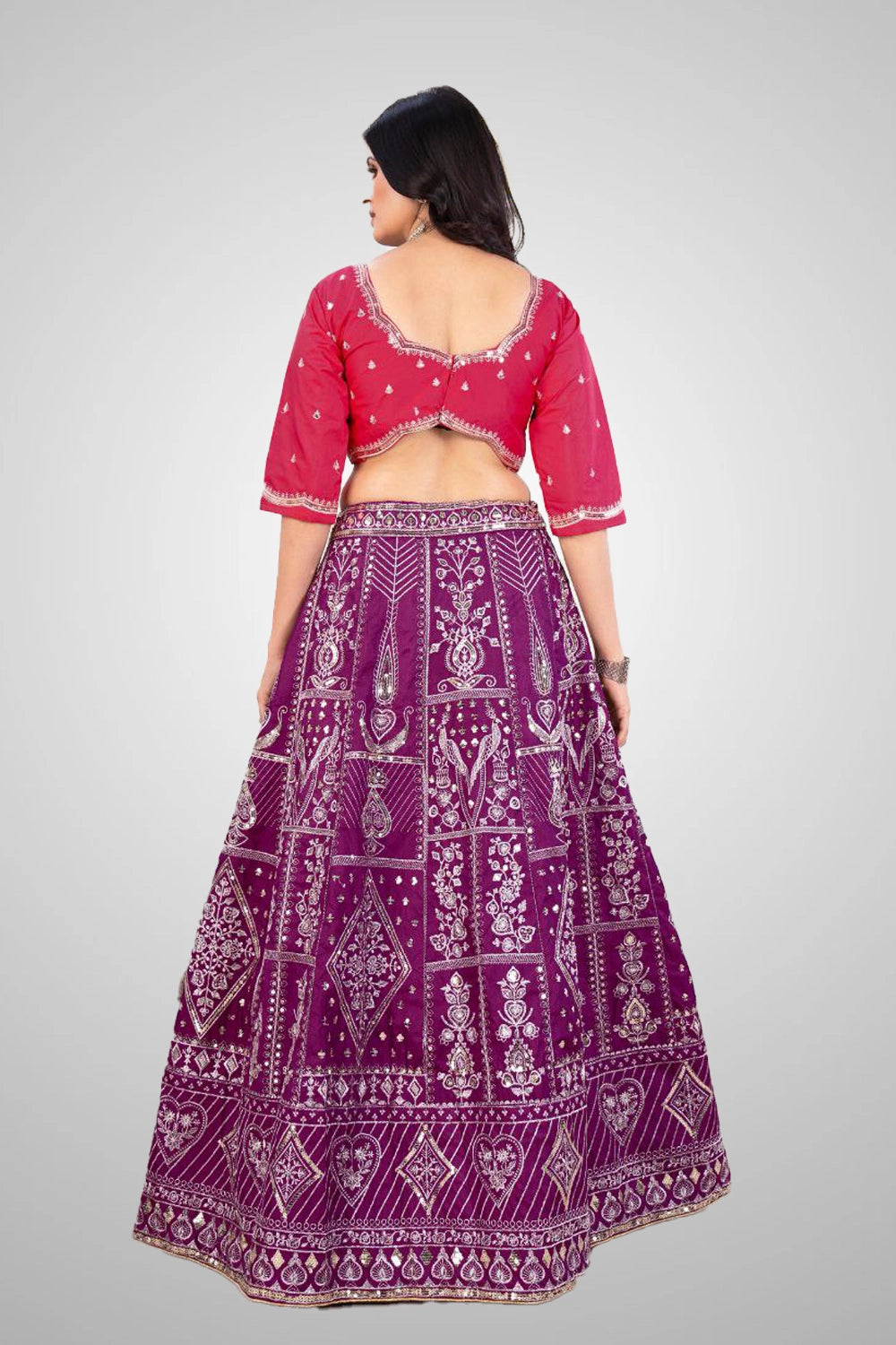 Side flair of Jalpari silk lehenga in wine purple
