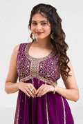 Front view of embroidered kurti plazo set with dupatta