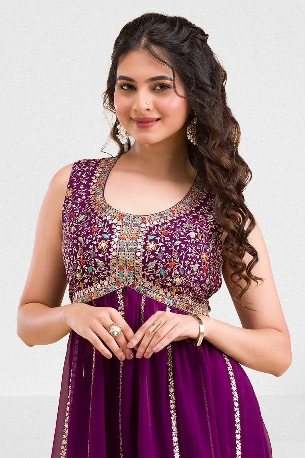 Front view of embroidered kurti plazo set with dupatta