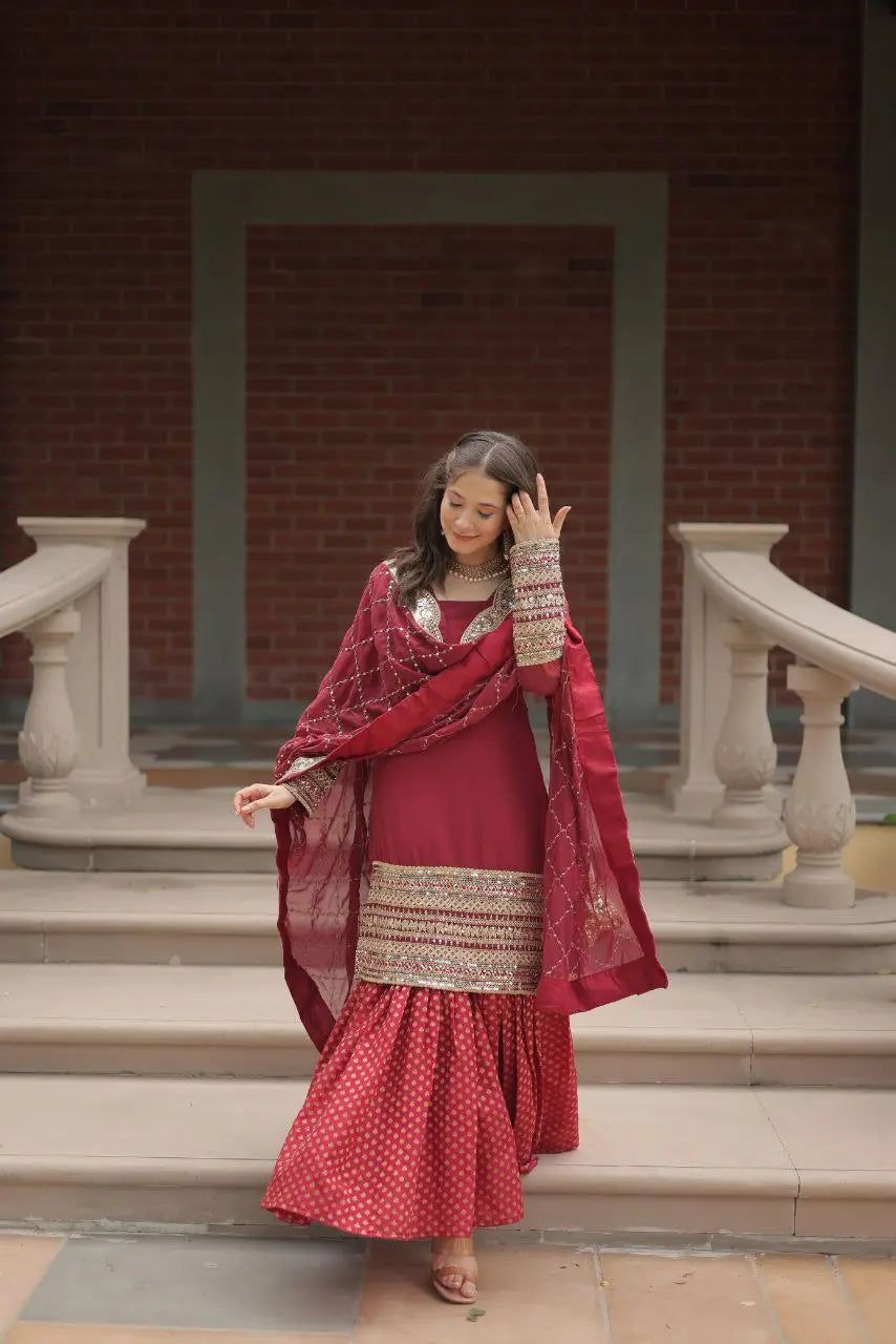 Front view of embroidered kurti sharara set