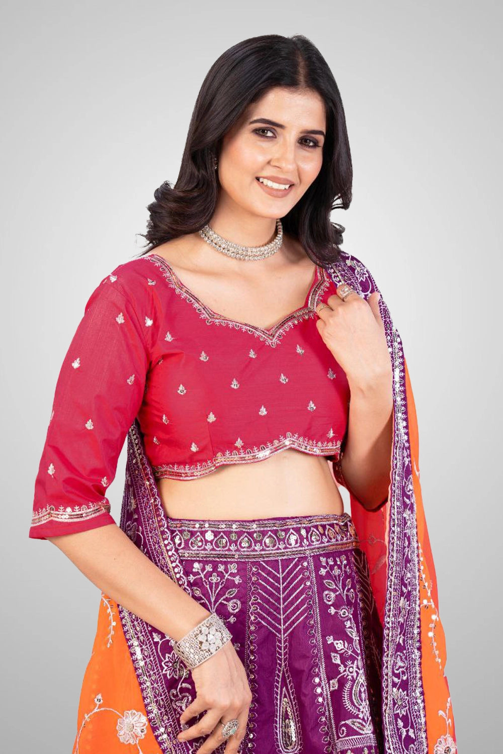 Unstitched blouse included with girls’ lehenga choli