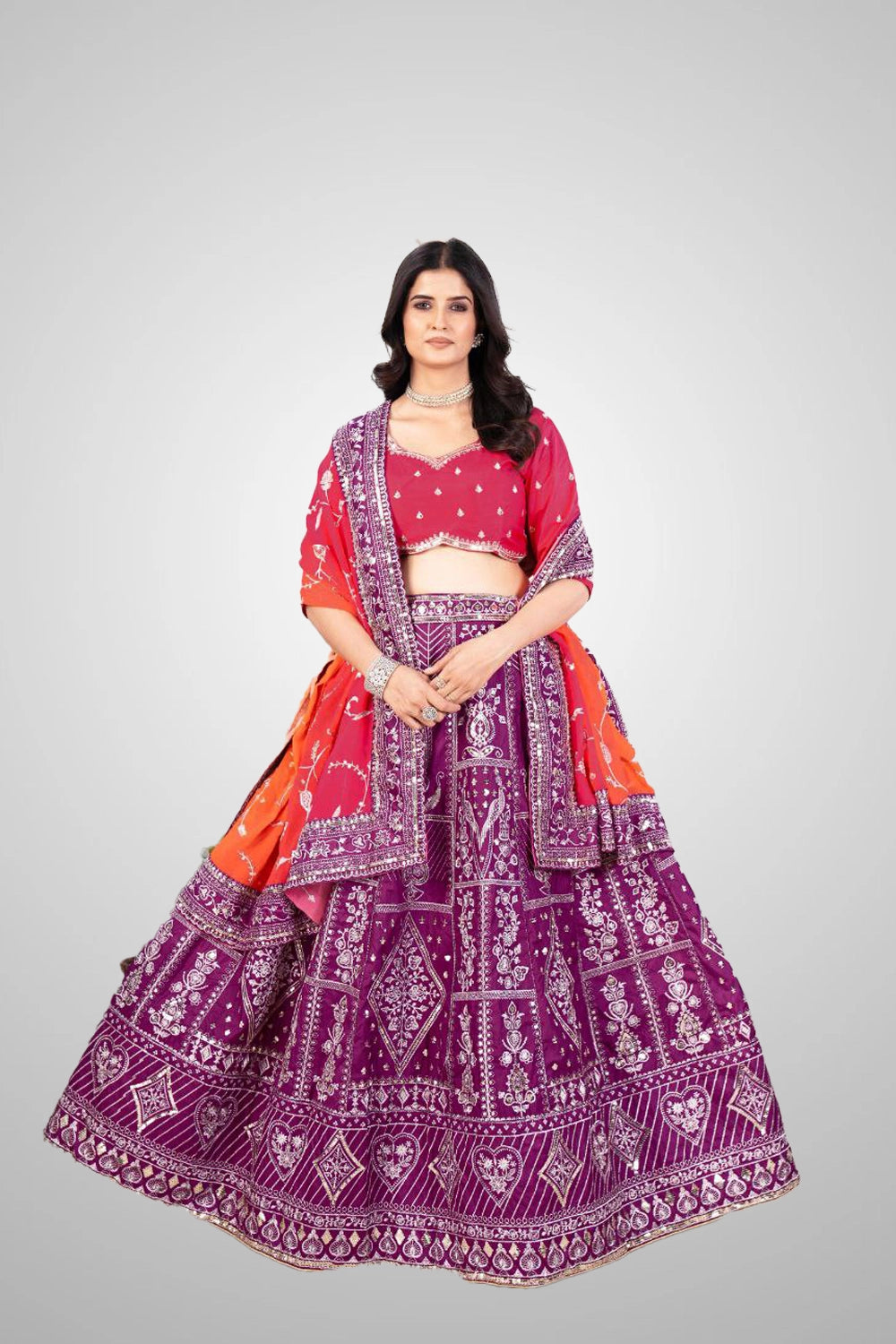 Front view of Jalpari silk lehenga for girls with embroidery