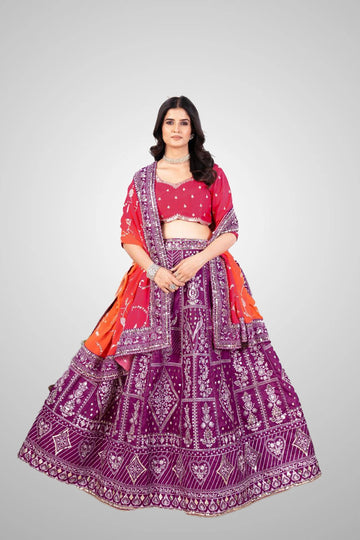 Front view of Jalpari silk lehenga for girls with embroidery