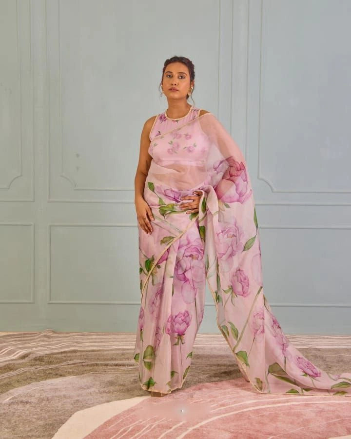 Floral print organza saree
