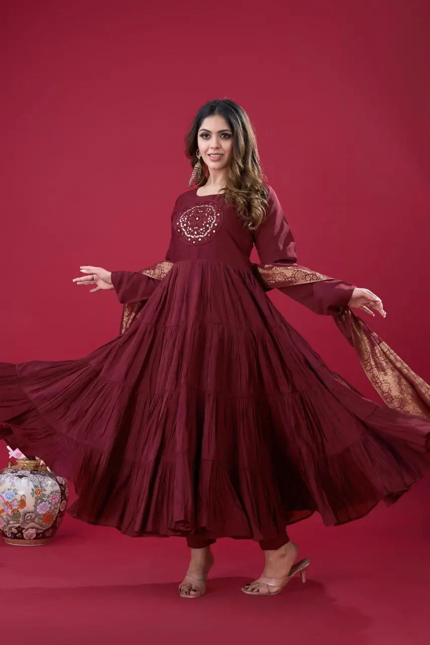  Long gown for women in heavy Roman silk with embroidery sequence work