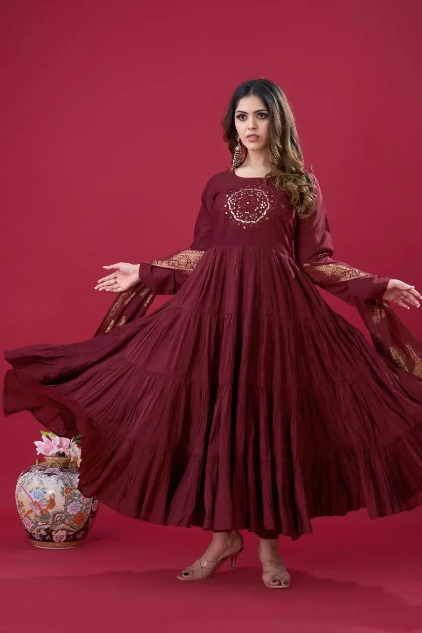 Stylish party wear long gown for women with a muslin jacquard dupatta