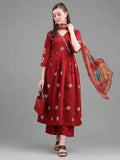 Maroon Roman silk embroidered kurta set