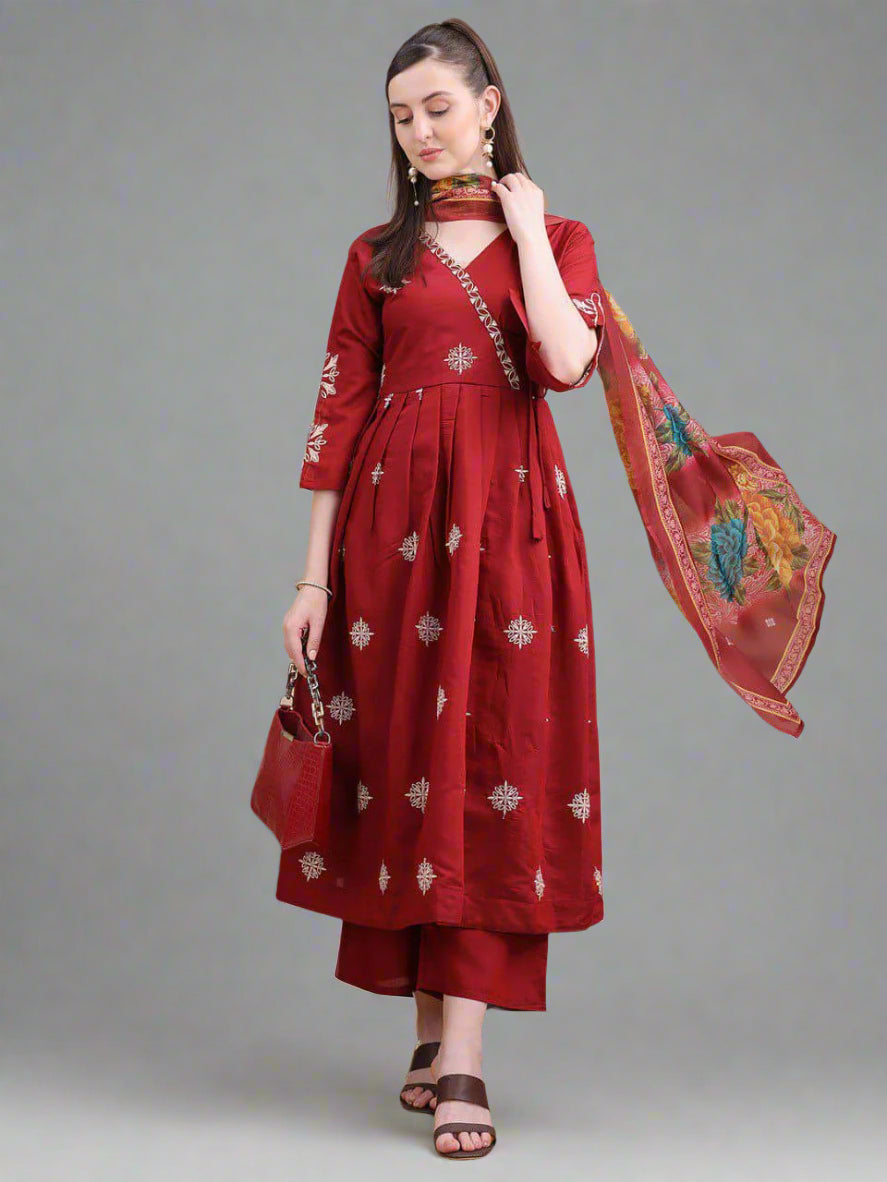 Maroon Roman silk embroidered kurta set