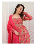 Detailed mirror work on multicoloured georgette Anarkali fabric