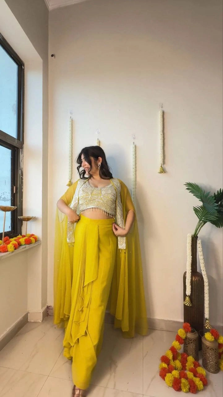 Mirror work koti with plated dhoti skirt