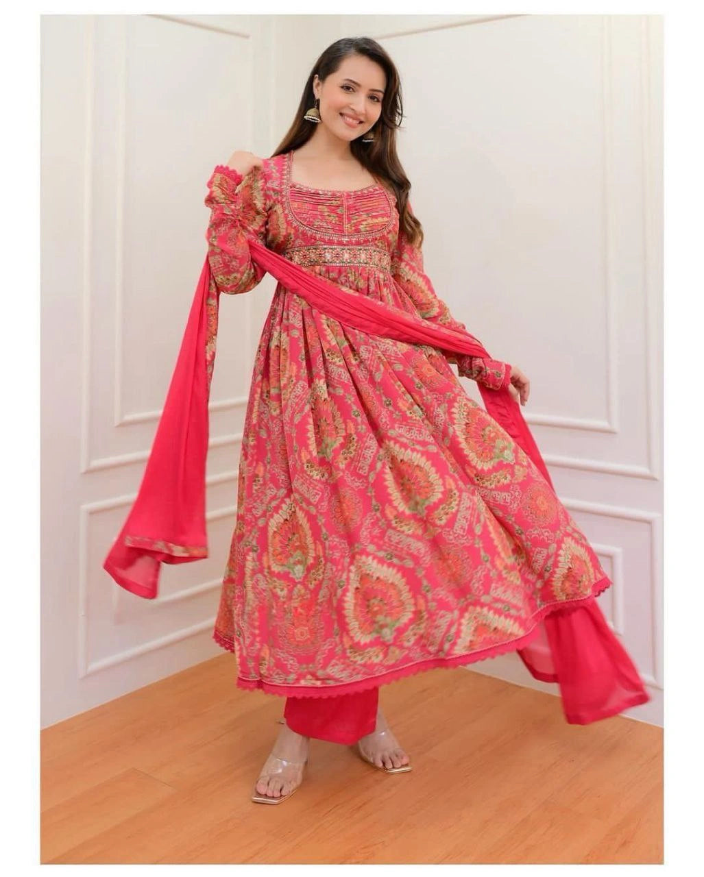 Multicoloured georgette Anarkali suit front view with mirror embroidery