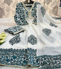 Close-up of neckline embroidery and Cori work