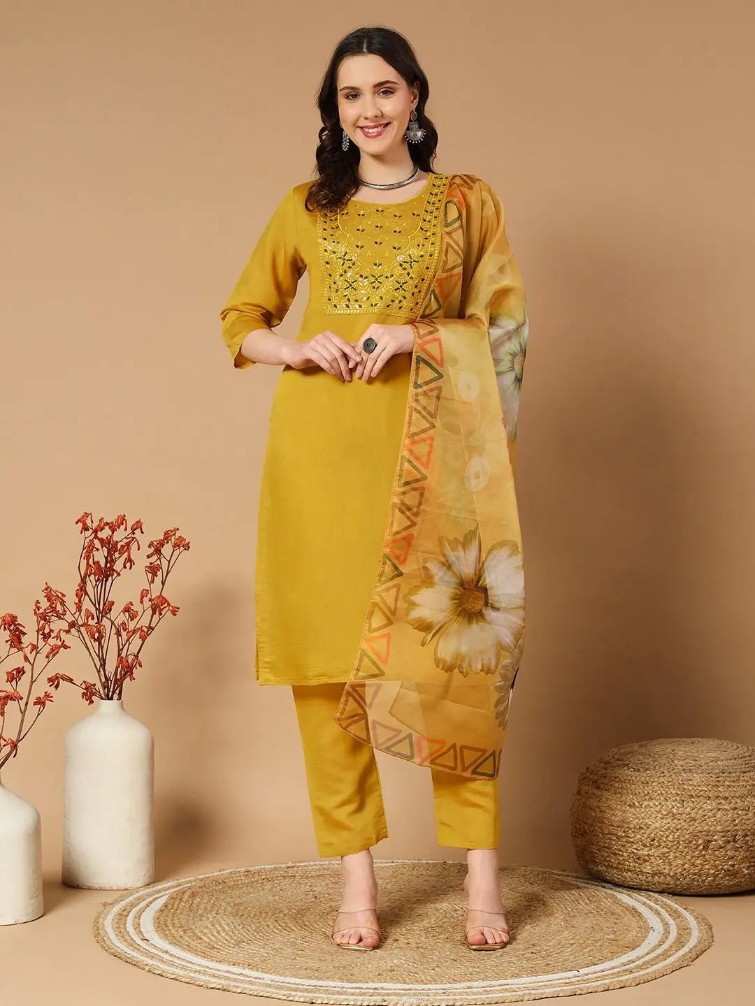New Designer Kurti Pant Dupatta Set in Roman Silk with embroidery