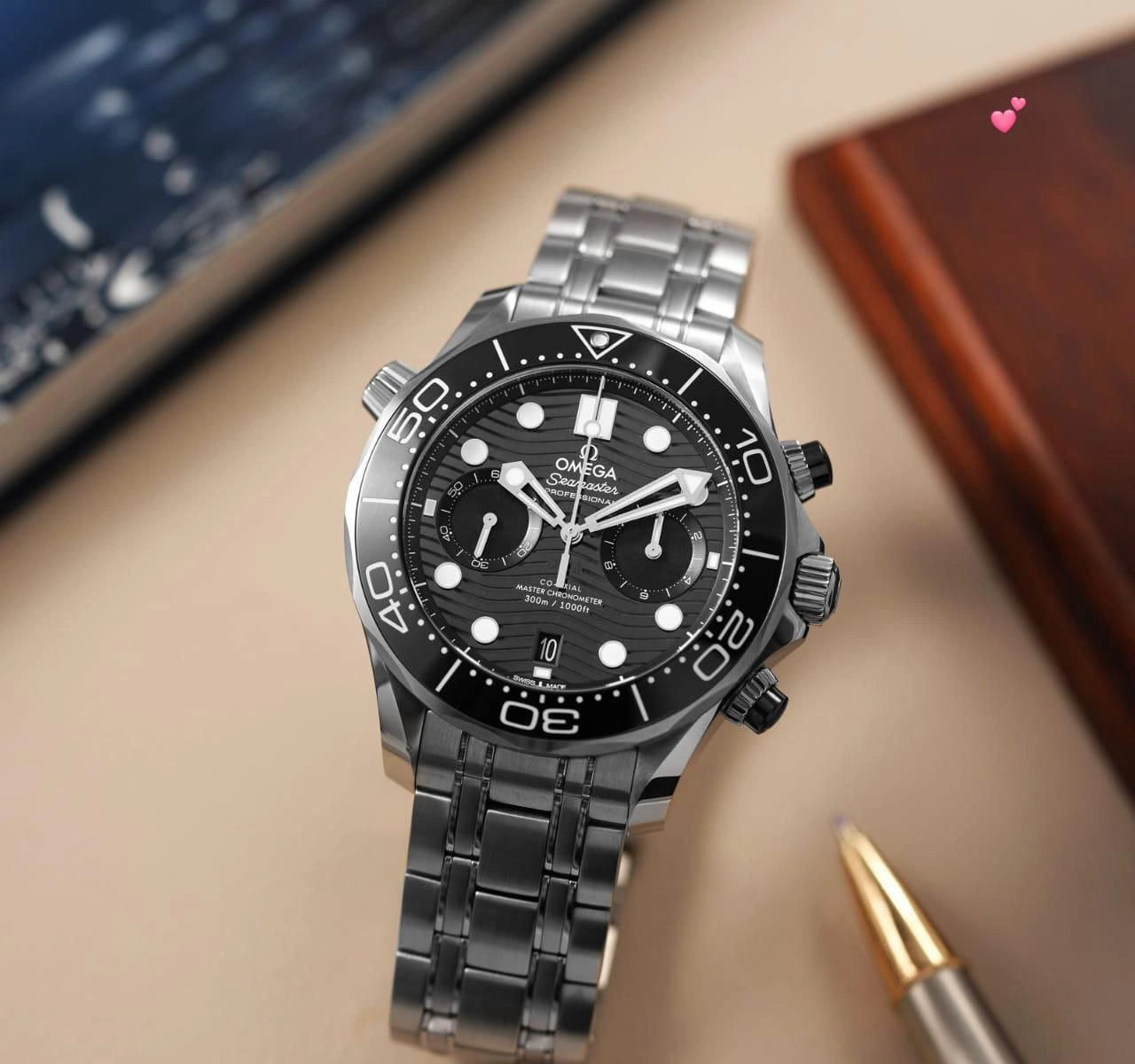 Black dial men’s watch with metal strap front view