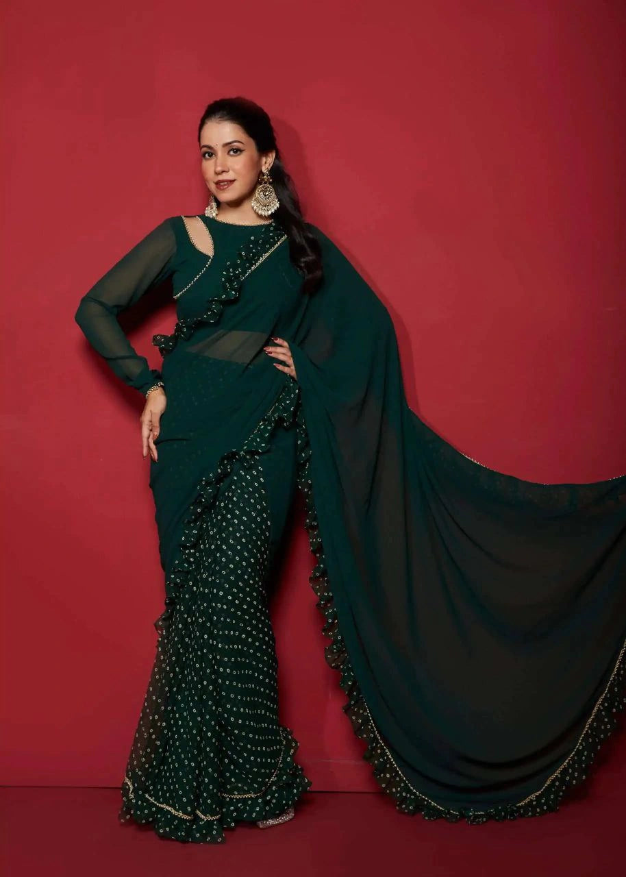 Opal green faux georgette saree full view
