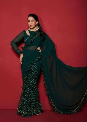 Opal green faux georgette saree full view