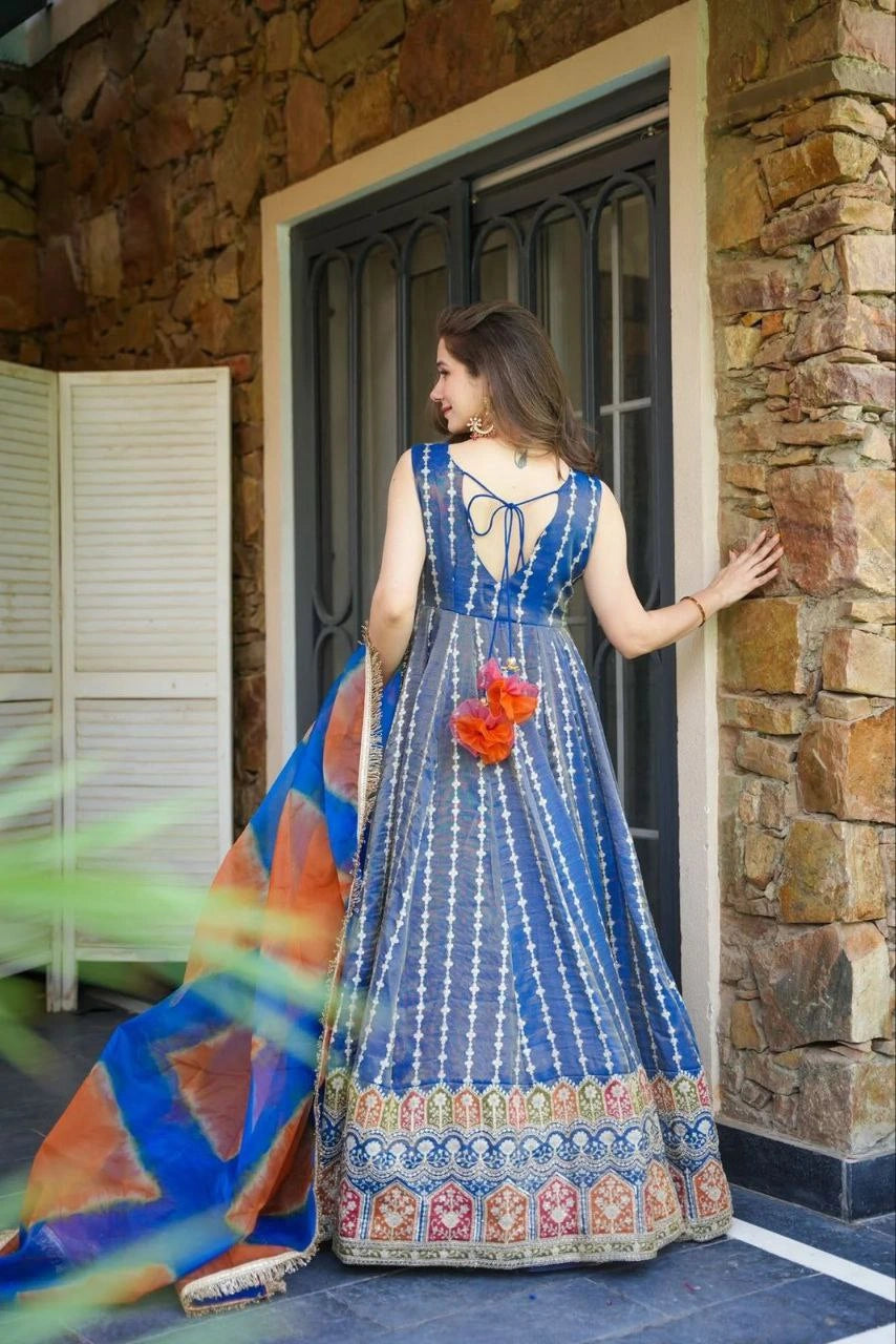 Organza silk digital print Anarkali gown front view