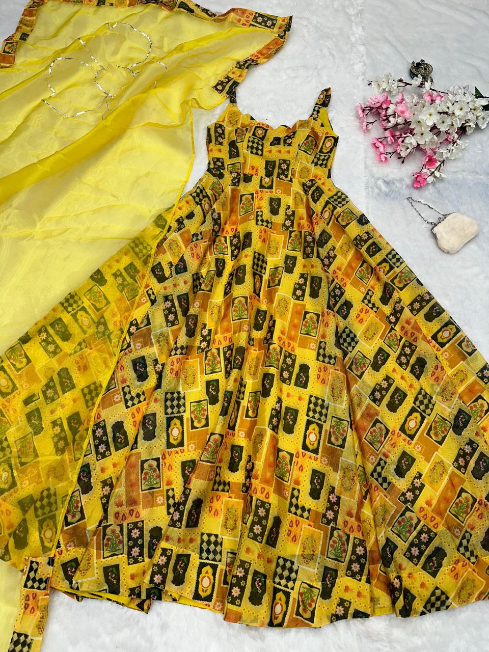 Designer Anarkali Gown with Dupatta – Digital Printed Jimmy Organza Silk NextBuy