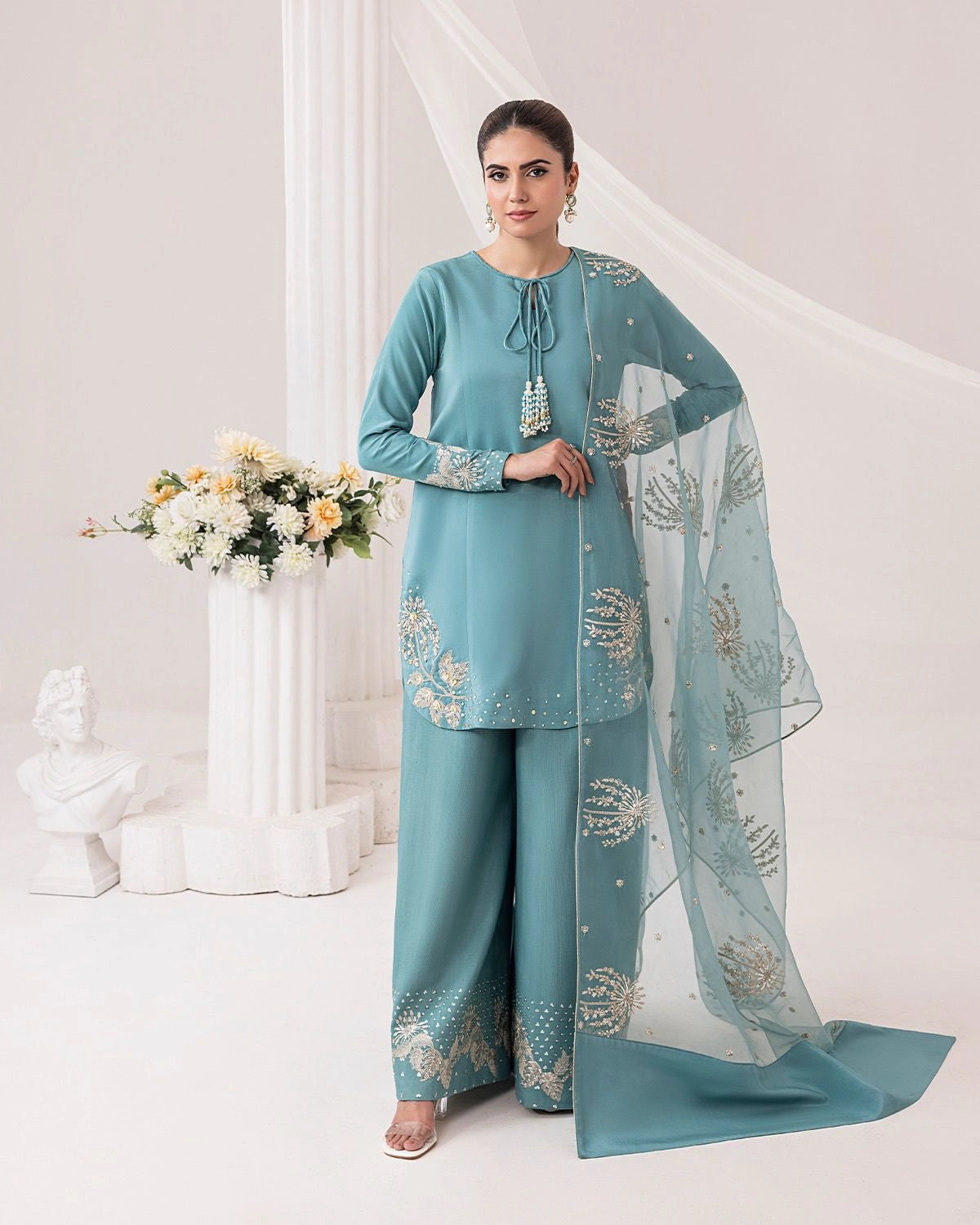 Soft Organza dupatta paired with crepe top and palazzo set